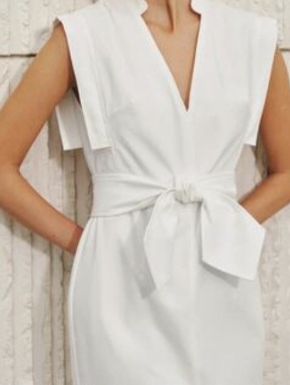 Commense Maxi Dress Sleeveless V'Neck Bow Split Cotton Linen White Belted S NWT - Picture 6 of 7